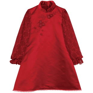 IVY HOUSE常春藤儿童装女童秋季款传统新国风蕾丝海派旗袍连衣裙