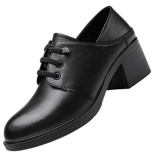 强人3515女鞋职业工装鞋女休闲粗跟小皮鞋工作高跟鞋真皮中跟通勤