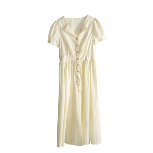 法式v领衬衫连衣裙女2026年夏季新款泡泡袖收腰a字绝美初恋小白裙