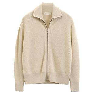 米皇秋季新款翻领纯羊绒外套休闲简约纯色女士针织拉链开衫