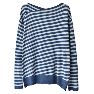 Z2218C文艺气质一字领海军风宽松百搭显瘦条纹针织衫女秋米兰宣言