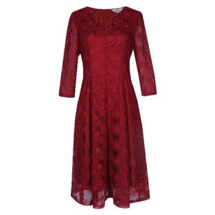简爱诺春秋中长裙七分袖红色a字收腰散摆气质蕾丝连衣裙J910204LQ