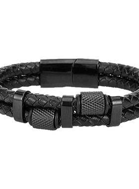 欧美潮牌黑色双层编织皮滚轮钛钢磁吸扣手链嘻哈潮男手环原创设计