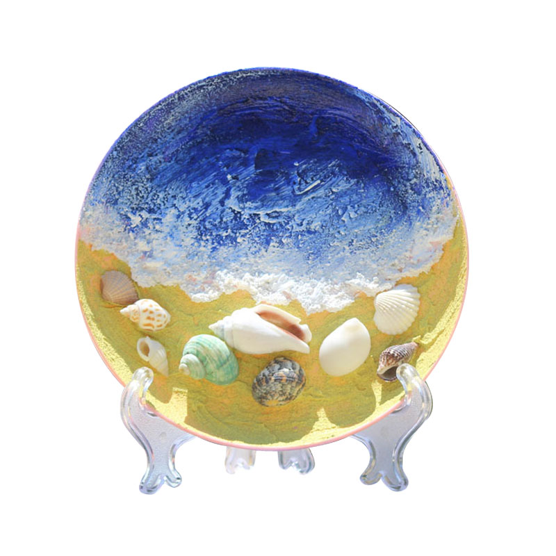 新品手工纯手绘盘子装饰丙烯画大海沙滩刮刀肌理客厅书房桌面摆台
