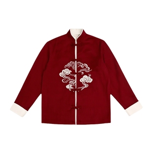 男士秋季立领休闲夹克红色新中式上衣外套男款2025新款高级感唐装