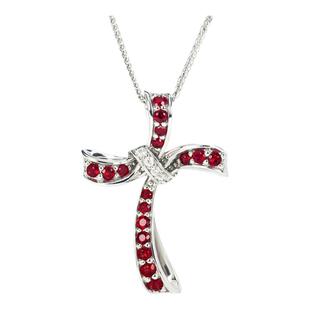 G18K白金天然鸽血红宝石十字架吊坠 丝带蝴蝶结镶钻石锁骨项链女
