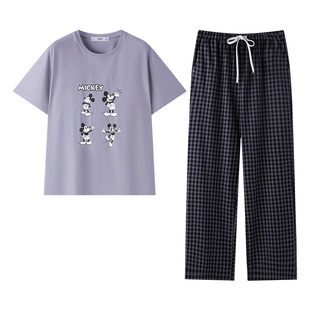 迪士尼米奇情侣睡衣女夏季薄款纯棉短袖家居服男士可外穿大码套装