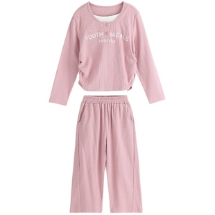 布丁哈鲁春装女童2026春秋新款儿童针织休闲上衣纯色裤子百搭套装