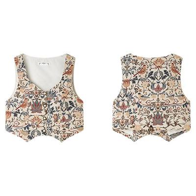 PIT复古碎花国风刺绣短款背心马甲女2025秋修身叠穿坎肩上衣