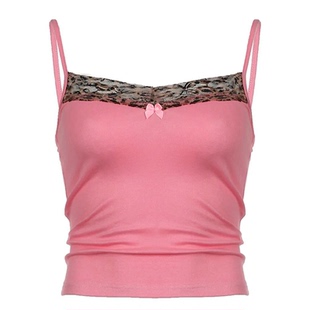 豹纹花朵拼接露背短款吊带上衣Leopard Floral Backless Camisole