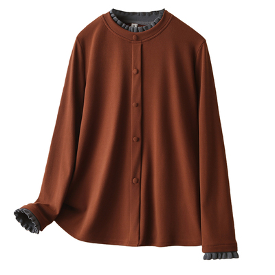 时尚纯色花边拼接圆领洋气上衣