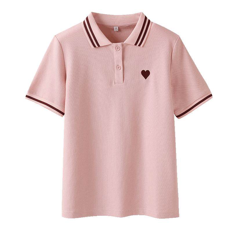 爱心刺绣polo衫短袖上衣女2025新款夏季运动宽松休闲条纹翻领t恤