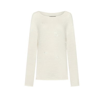 UR&DC2026春季新款休闲立体钉珠花朵圆领套头白色长袖针织衫女薄