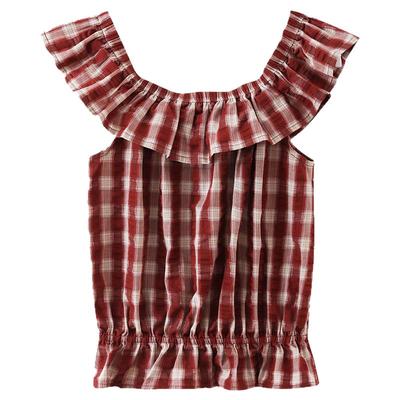 【清仓秒杀】夏韩系气质上衣短款一字肩小众别致独特复古红格衬衫