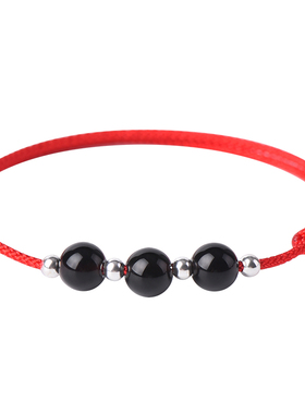 黑曜石纯银转运珠红绳手链脚链