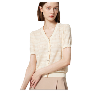 夏季新款泡泡短袖针织开衫短款V领波浪边小香风上衣时尚通勤女装