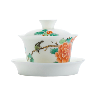 钰铨龙门 精工手绘国色天香 高档羊脂玉瓷素烧仿古马蹄盖碗泡茶碗