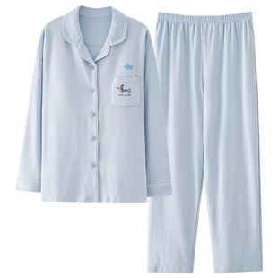 芬腾可安带胸垫睡衣女款冬季纯棉布料100全棉长袖蓝家居服春秋天