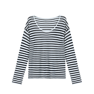 pusumede韩系条纹防晒罩衫女夏季轻薄宽松慵懒针织衫长袖t恤上衣