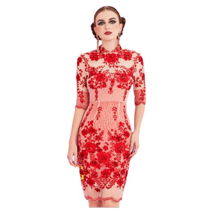 LEEDY＆ME新款立领修身旗袍订珠刺绣短袖连衣裙婚礼宴会主持酒会