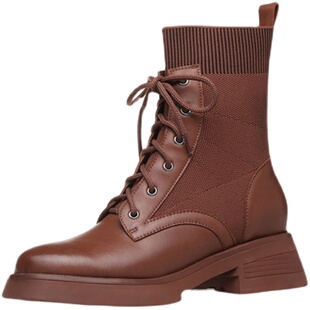 特价断码清仓秋冬瘦瘦绑带弹力毛线短靴子厚底轻便马丁靴真皮女鞋