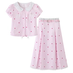 织物猪 甜莓可露丽 粉白条纹套装女夏娃娃领上衣爱心半身裙两件套