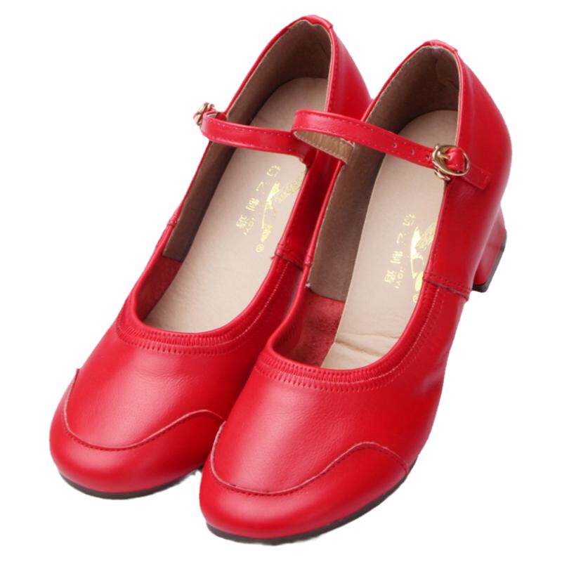 红色杨艺广场舞鞋真皮民族舞蹈鞋春秋季新款软底跳舞女鞋中跟成人