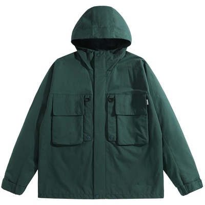 太平鸟男装户外登山冲锋外套秋墨绿色夹克宽松休闲茄克外套潮