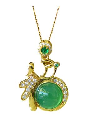 古法鎏金镶嵌天然冰种帝王绿玉髓福瑞祥和福字吊坠配证书礼盒链子