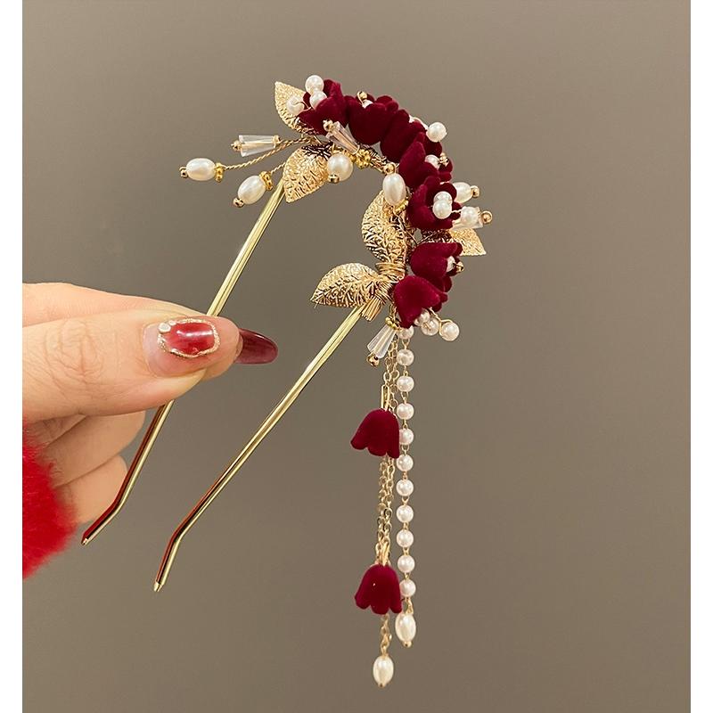 u型发夹红色花朵珍珠流苏发簪女古风新年盘发神器订婚敬酒服头饰