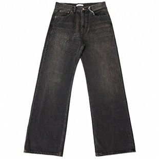 Selfness Vintage 2021M版型水洗黑宽松直筒阔腿微喇做旧男牛仔裤