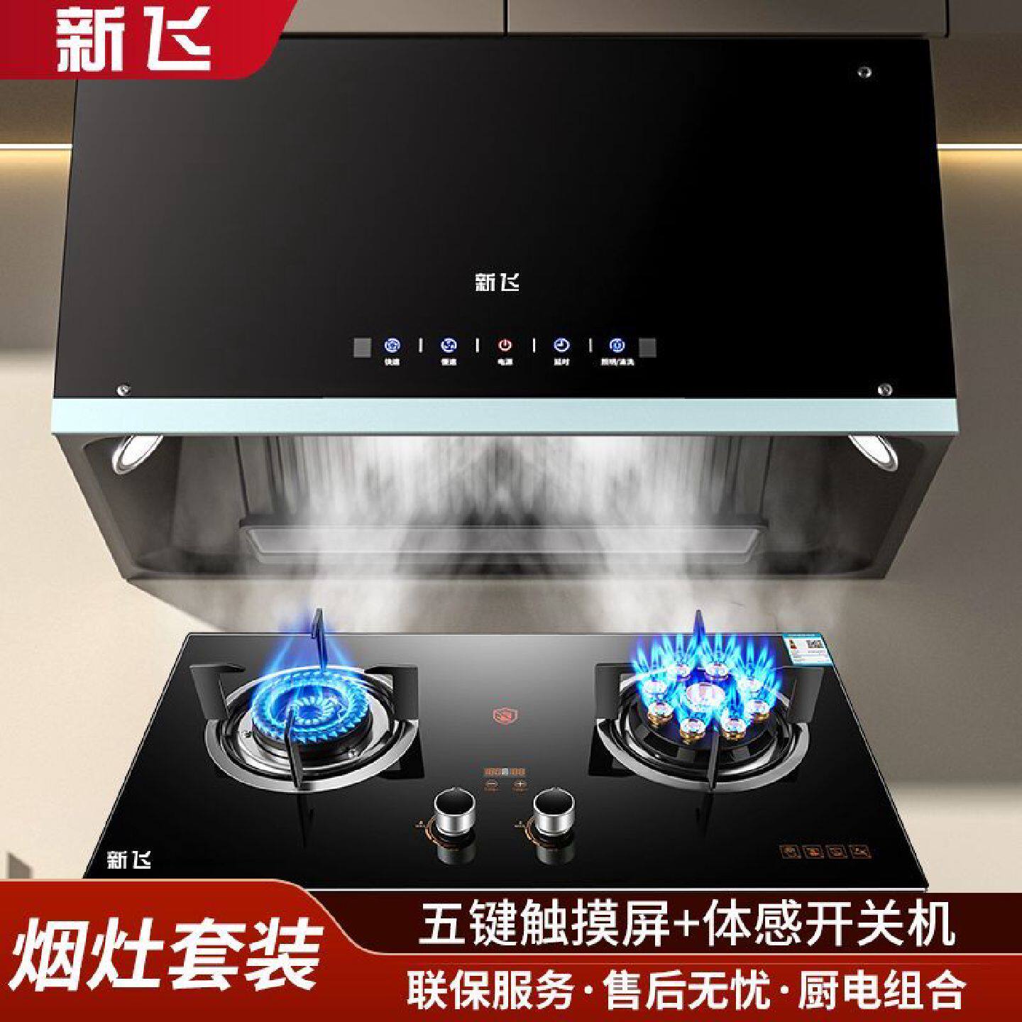 新飞中式顶吸油烟机燃气灶套装抽油烟机煤气灶具烟机灶具两件套餐