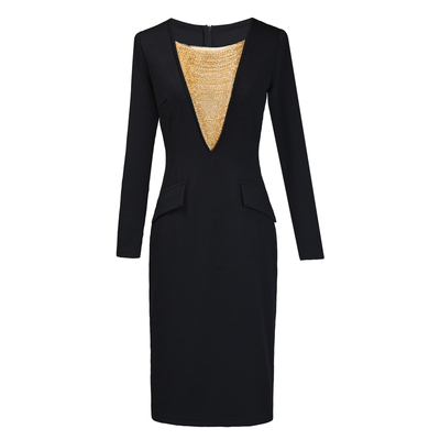 重工钉珠黑色长袖包臀连衣裙女