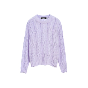 Desigual【明星同款】新品香芋色绞花镂空破洞装饰女士针织衫