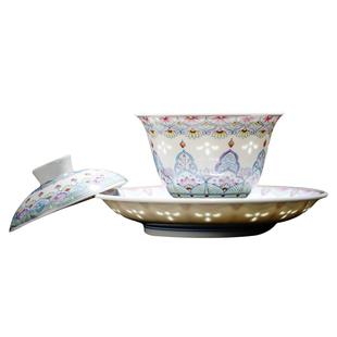 富玉窑官方陶瓷盖碗景德镇手绘青花玲珑斗彩繁花三才盖碗茶杯单个