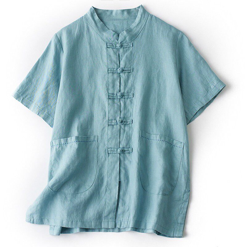 己荷纯亚麻夏季薄款上衣练功服女