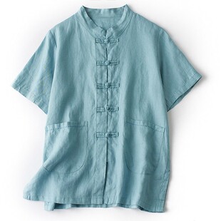 新中式盘扣上衣太极服高端表演太极拳练功服纯亚麻女开衫夏薄