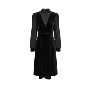 Scofield女装法式立领木耳边丝绒轻礼服连衣裙蕾丝拼接2025冬新品