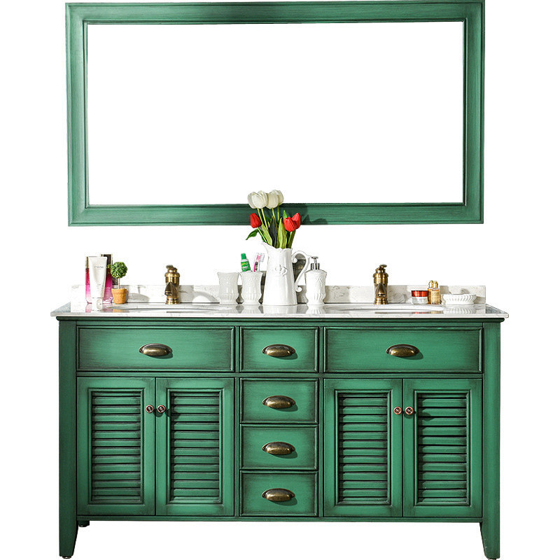 美式实木浴室柜组合落地式复古绿色洗脸盆洗漱台卫生间洗手台盆柜