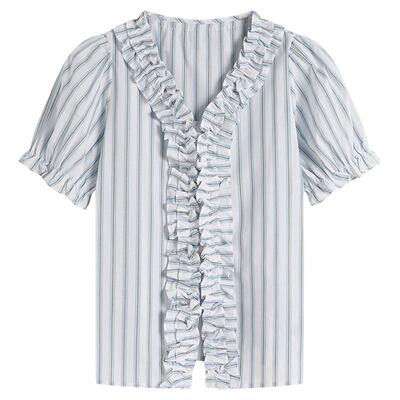 弥古蓝色条纹衬衫上衣女夏季短袖宽松v领正肩法式泡泡袖纯棉衬衣
