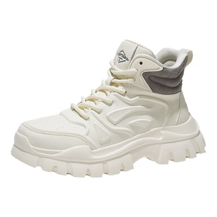 海澜之家白色马丁靴男款秋冬季加绒棉鞋高帮休闲皮鞋厚底工装靴子