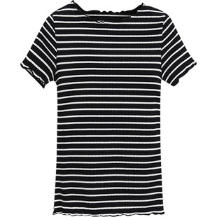 七色可选！木耳边高弹力修身显瘦圆领针织短袖T恤女夏打底衫上衣