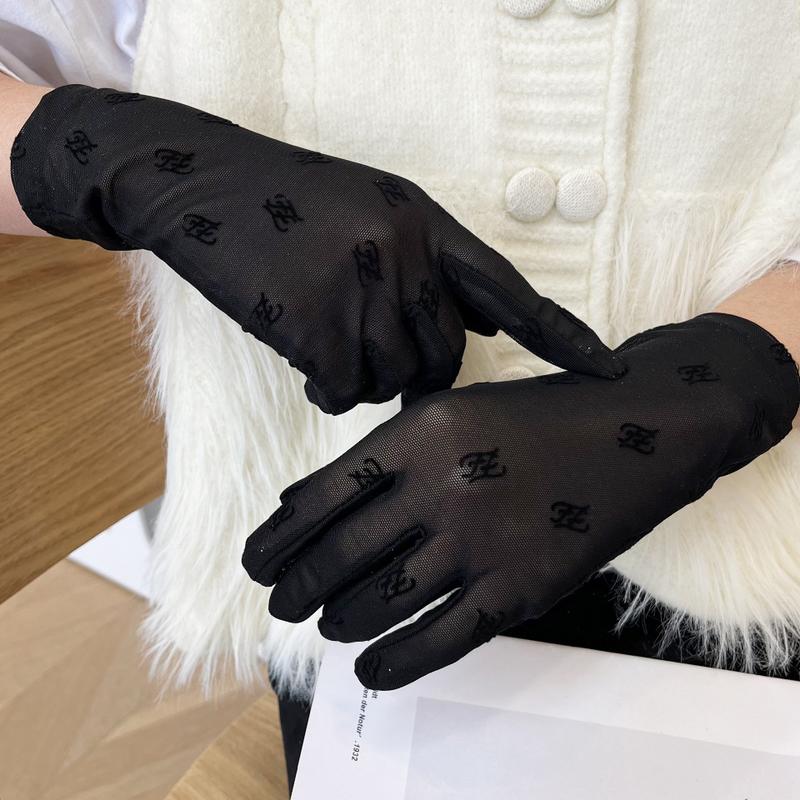 新品 新款网纱蕾丝手套女士夏季防晒遮阳短款植绒印花音符开车透