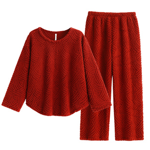 悦内大红色睡衣女秋冬款冬季珊瑚绒加绒加厚保暖家居服本命年马年