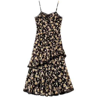 BANANA BABY2025年新款法式茶歇连衣裙女甜美蕾丝荷叶边吊带裙