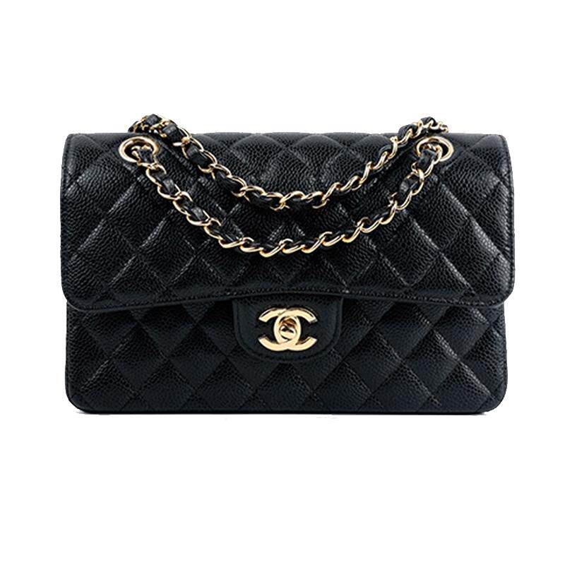 【自营】中古98新CHANEL香奈儿CF菱格金扣链条牛皮口盖包中号黑色