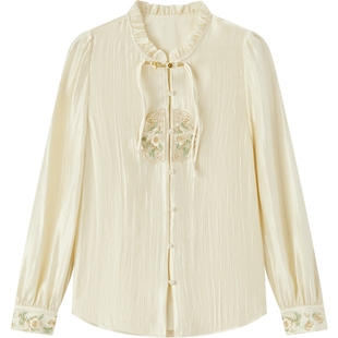 爱居兔新中式衬衫女春秋新款苏绣百花图卷联名长袖衬衫