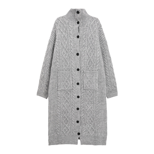 吴童童灰色慵懒风长款毛衣开衫外套女秋冬韩系过膝休闲百搭针织衫