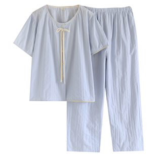 清新夏日睡衣女款短袖薄款纯棉纱布日系家居服套装棉麻夏季可外穿