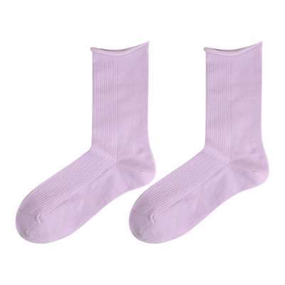 透气女棉松口卷边中筒袜纯色薄款